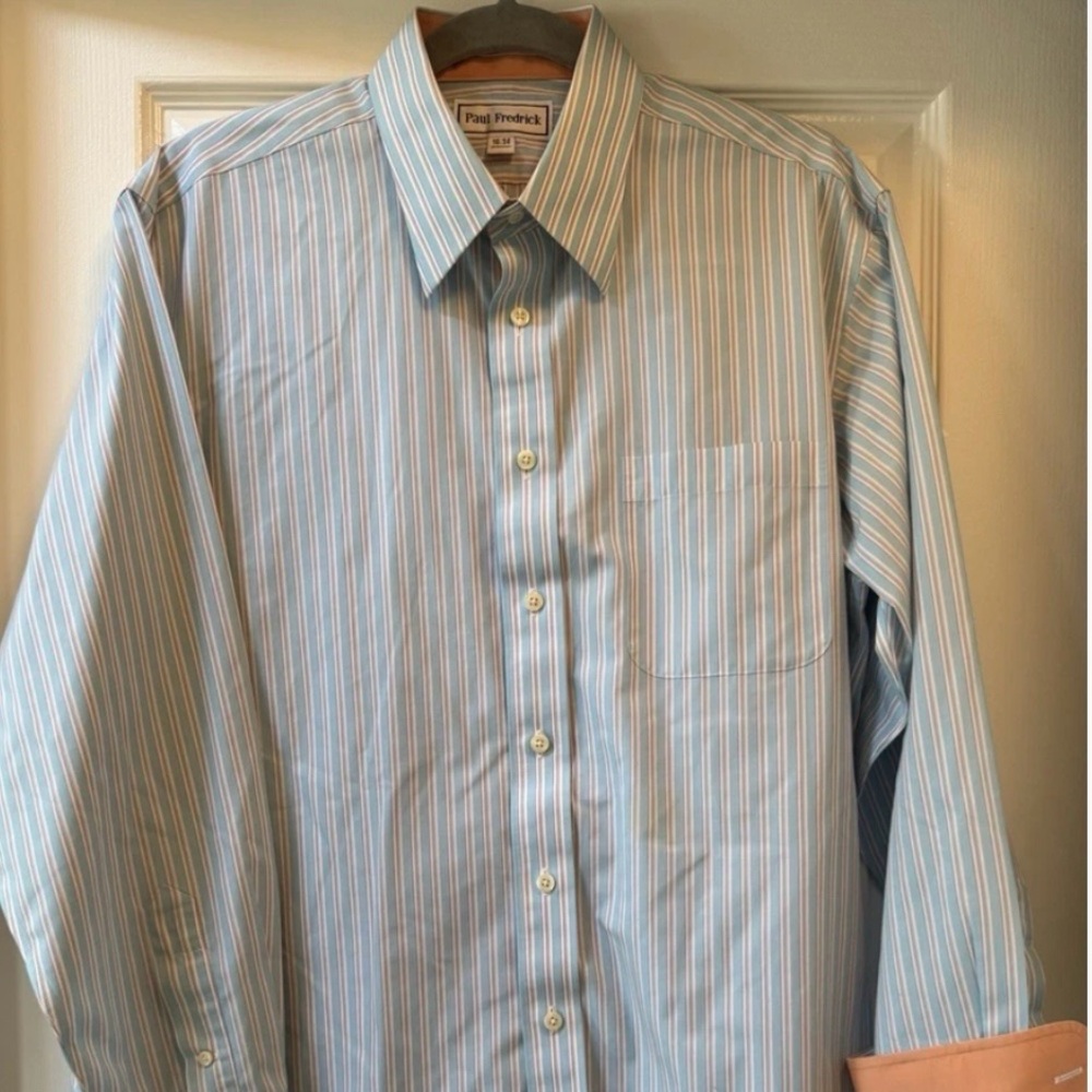 Paul Fredrick Light Blue Striped Dress Shirt-16/34